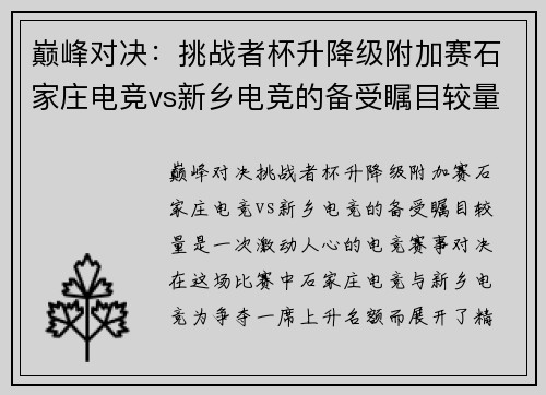 巅峰对决：挑战者杯升降级附加赛石家庄电竞vs新乡电竞的备受瞩目较量